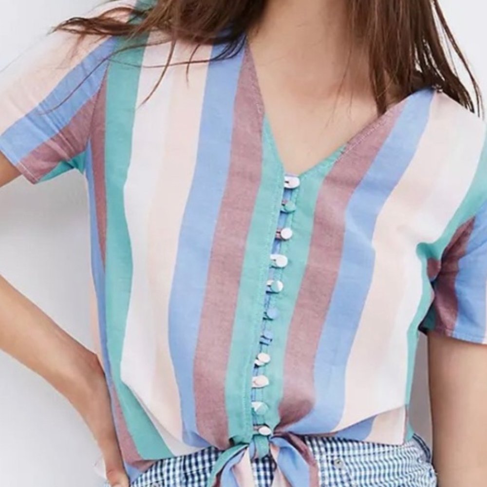 Novel Tie-Front Button Top in Flagstaff Stripe, Size Large